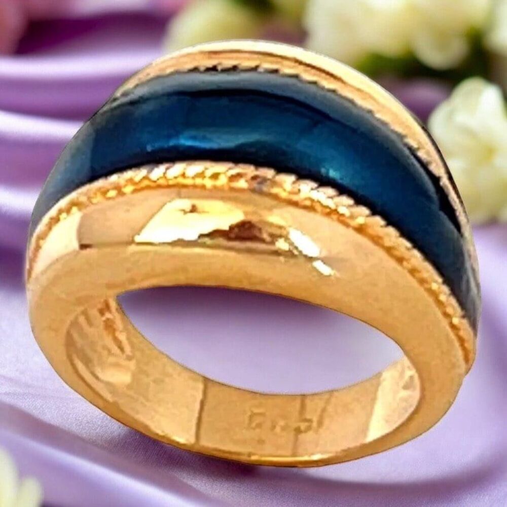 Vintage 1980s Ring Size 9 DG Blue Enamel Wide Gold Plated Band - 14T